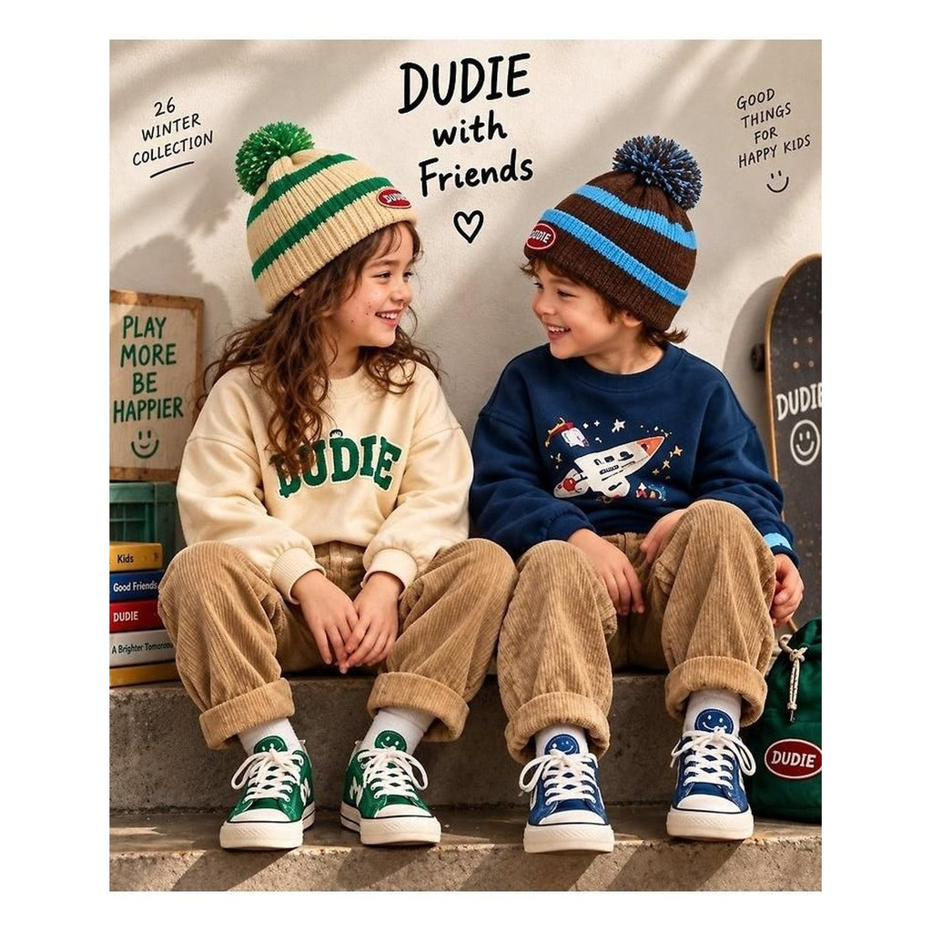 DUDIE ポンポンストライプビーニー FREE(48-54cm)